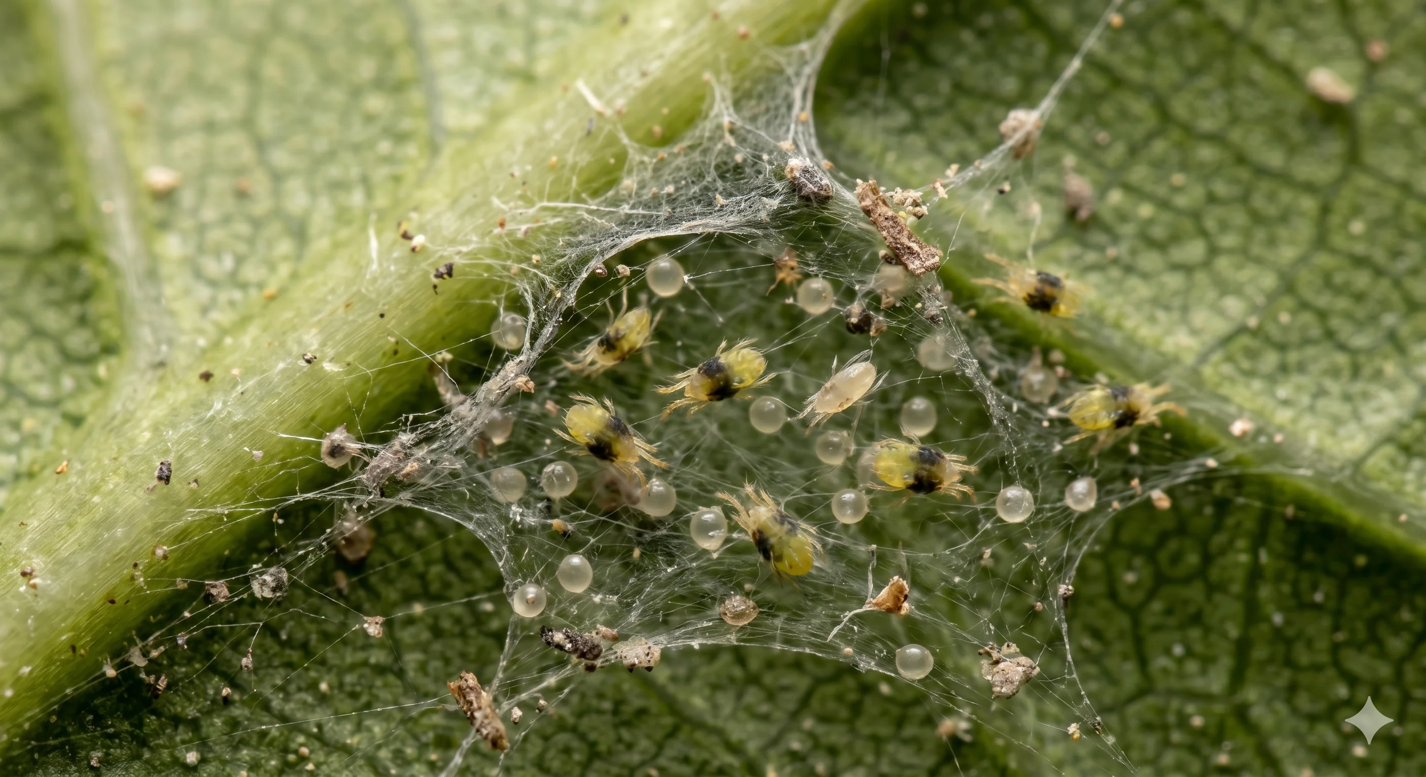 A close-up photograph of the underside of a garden plant leaf showing fine spider mite webbing and tiny pale specks along the veins
