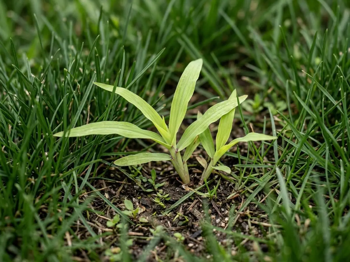 A close-up photograph of young crabgrass seedlings in a lawn, showing small light-green blades forming a tiny starburst