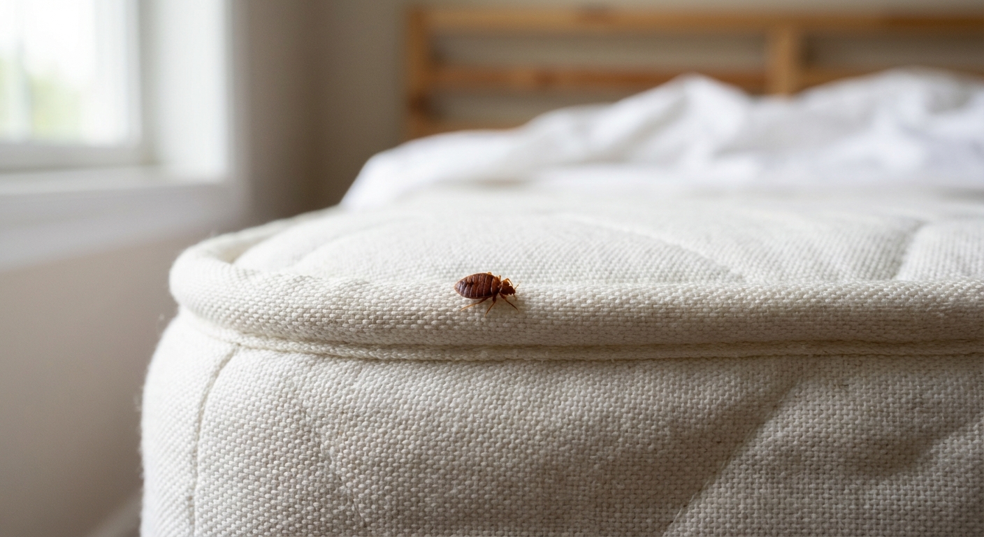 A close-up, photorealistic bedroom scene showing a single bed bug crawling along the seam of a white mattress near the piping, with soft window light and shallow depth of field