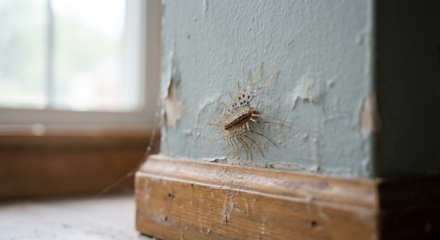 A close-up, photorealistic indoor shot of a house centipede on a painted basement wall near a baseboard, with soft natural light and shallow depth of field