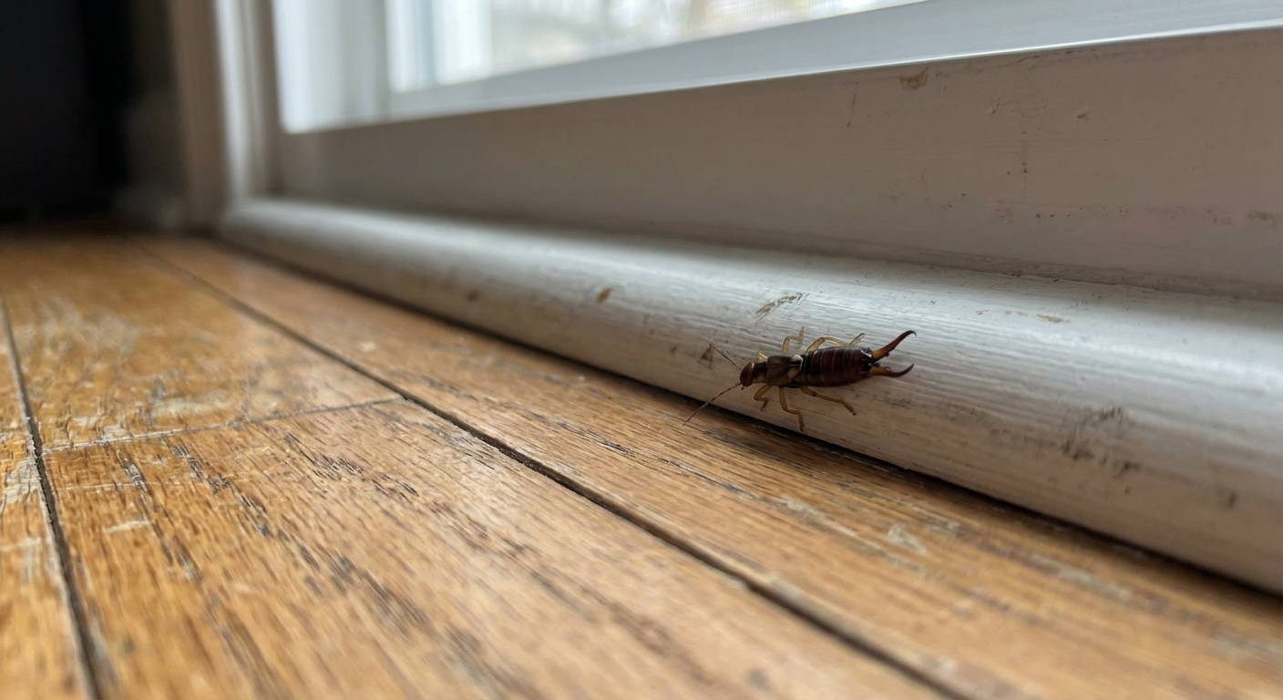 A close-up, photorealistic indoor shot of a single earwig crawling along a white painted baseboard on a hardwood floor, soft natural window light, shallow depth of field