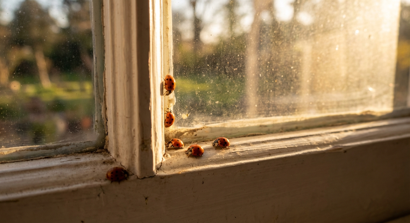 A close-up, photorealistic indoor shot of several Asian lady beetles crawling on a white-painted window trim with late afternoon sunlight coming through the glass, shallow depth of field