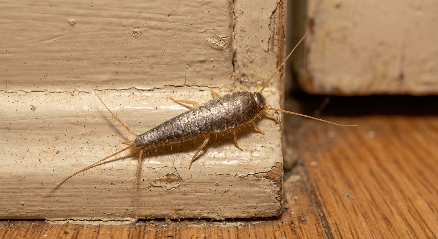 A close-up, photorealistic macro photo of a silverfish insect on a painted baseboard near a doorway, showing its teardrop-shaped silvery body and three tail bristles, indoor home lighting