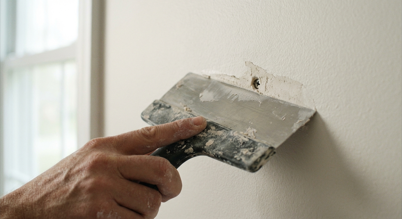 A close-up photorealistic photo of a hand holding a putty knife and feathering lightweight spackle over a small screw hole on painted drywall, soft natural light