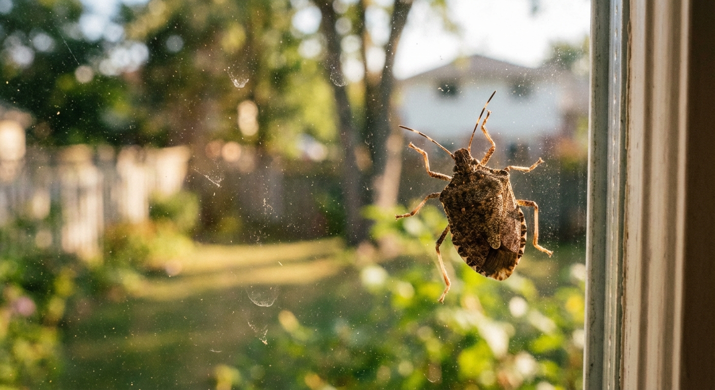 A close-up, photorealistic photograph of a brown marmorated stink bug resting on the inside of a sunlit windowpane, with a softly blurred suburban yard visible outside