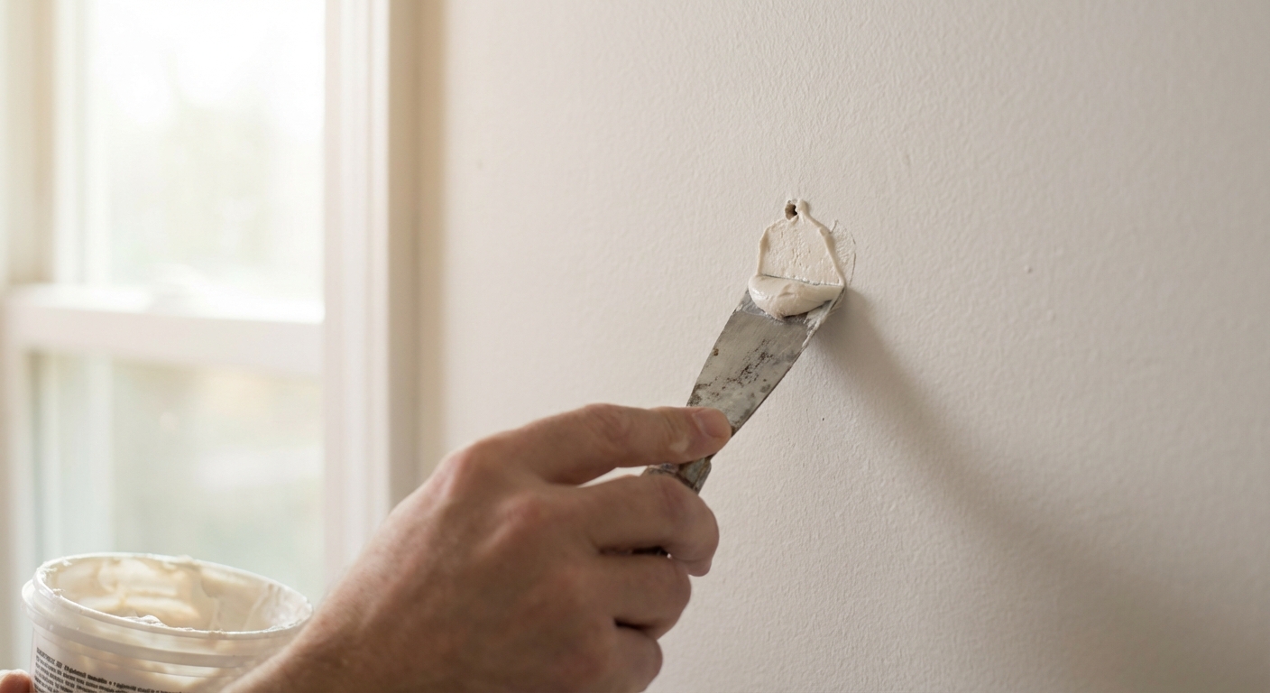 A close-up, photorealistic shot of a homeowner using a small putty knife to apply white lightweight spackle over a tiny nail hole in a painted drywall wall, natural window light, shallow depth of field
