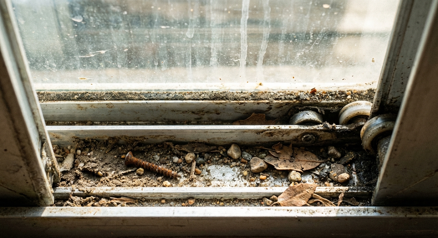 A close-up, photorealistic view of a dirty sliding glass door bottom track with grit and small pebbles collected in the channel, natural daylight coming through the glass