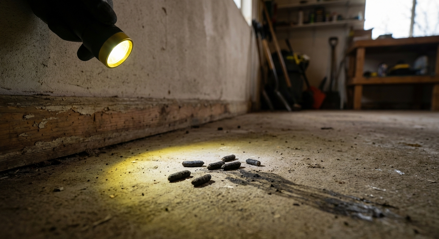 A close-up, photorealistic view of rat droppings along a baseboard on a garage concrete floor, with a flashlight beam highlighting the pellets and a small smear mark nearby, natural home inspection lighting