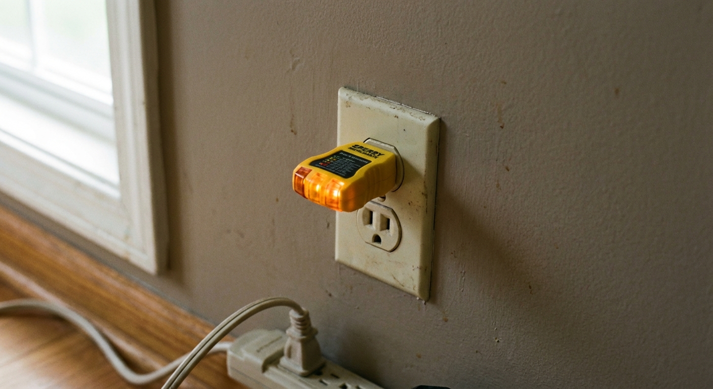 A close-up, real-life photo of a standard duplex wall outlet with a small plug-in outlet tester inserted, in a lived-in home setting with neutral wall paint and natural window light