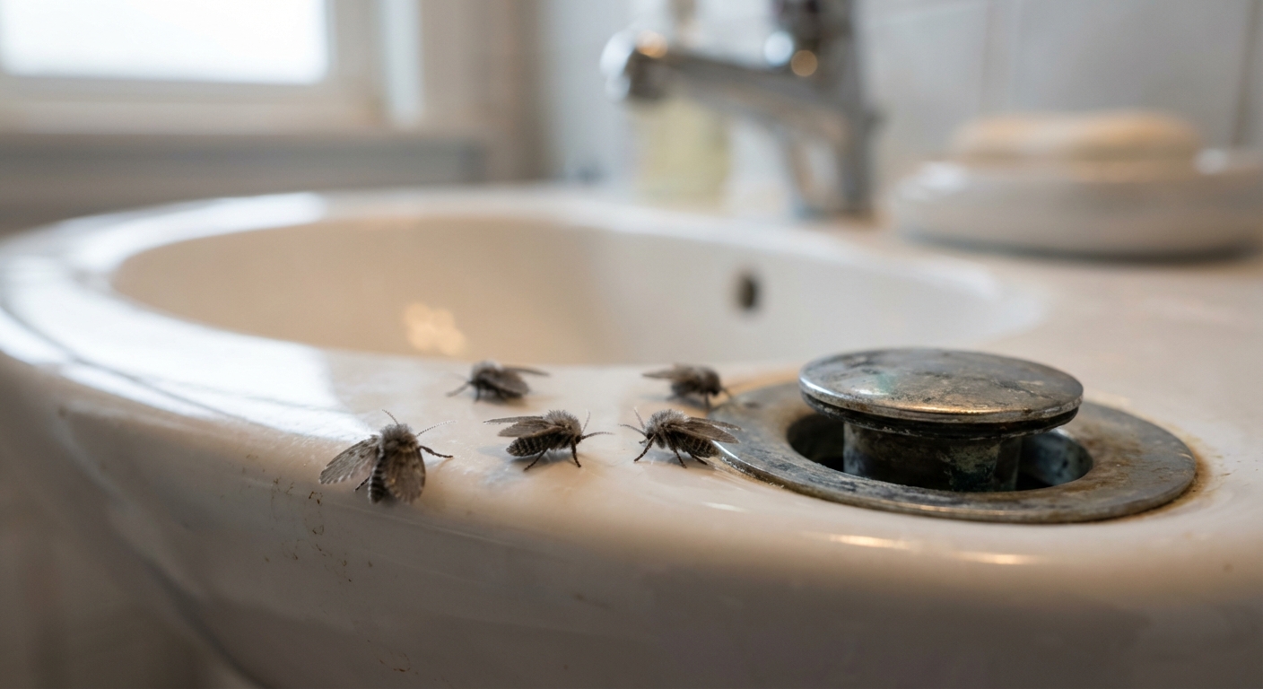 A close-up, real-life photo of tiny fuzzy drain flies resting on the rim of a white bathroom sink near the metal drain, with a soft indoor light and shallow depth of field