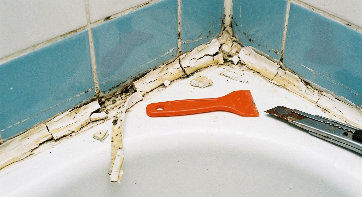 A close-up real photo of a bathtub corner where old white caulk is cracked and peeling away from the tub and wall, with a plastic scraper and utility knife nearby on the tub ledge