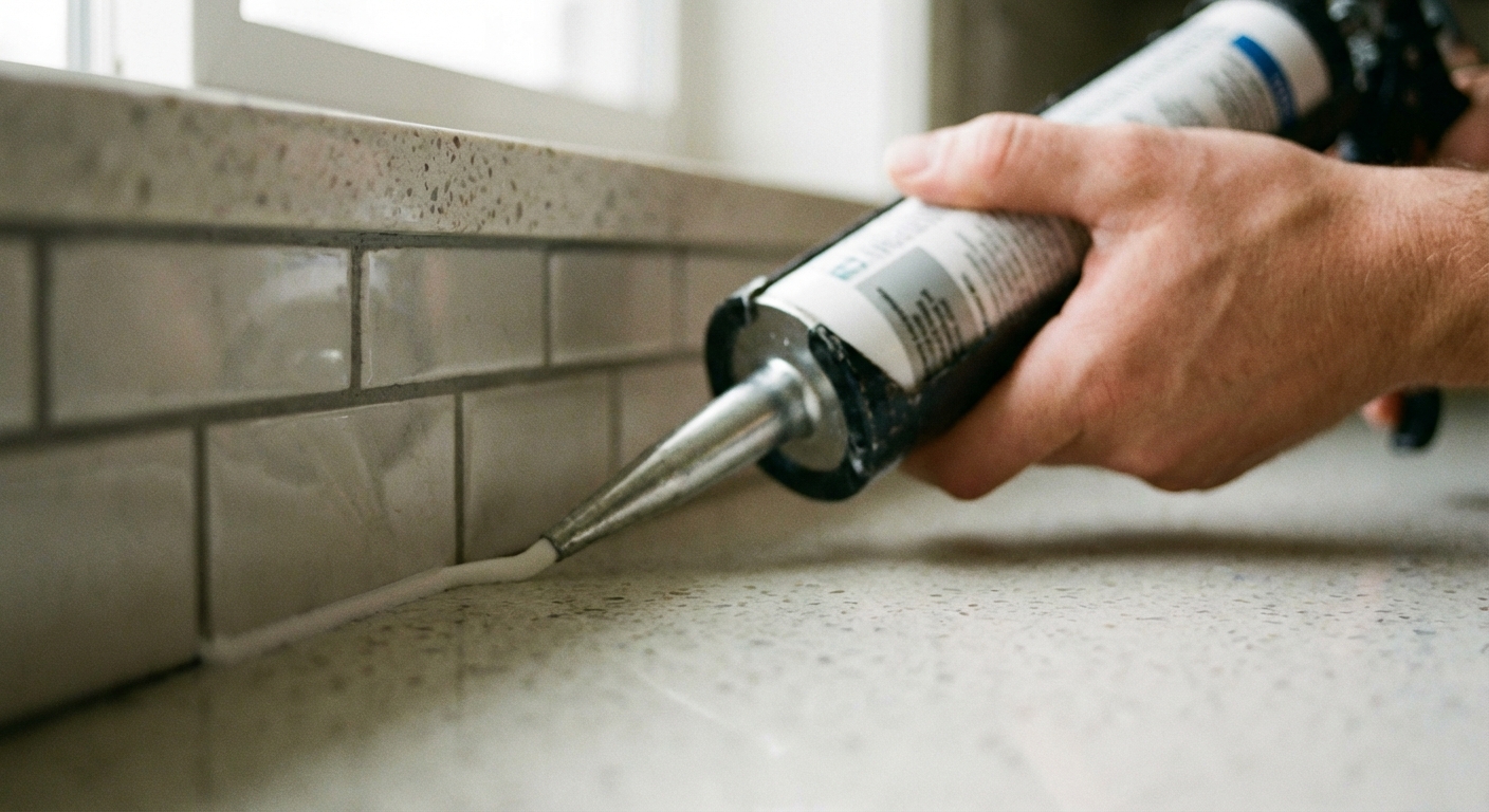 A close-up real photo of a caulk gun applying a thin bead of white caulk along the bottom edge of a backsplash where it meets a countertop, shallow depth of field