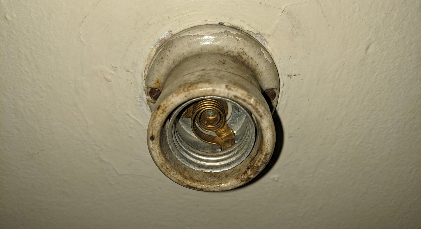 A close-up real photo of a ceiling light socket with the bulb removed, showing the metal contact tab and the threaded socket interior in a home