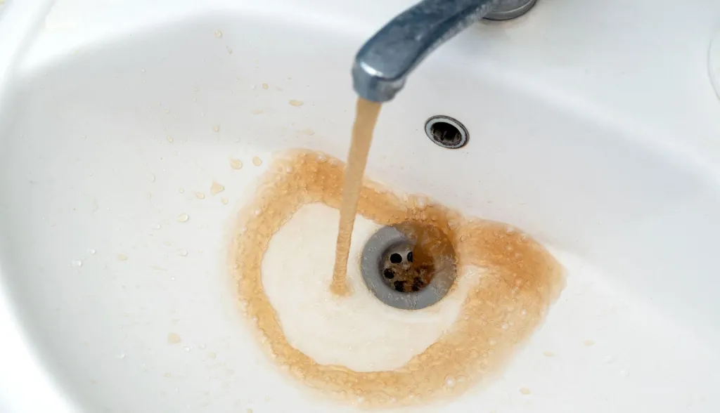 A close-up real photo of a clear drinking glass being filled at a chrome kitchen faucet, with the water running noticeably brown and rusty