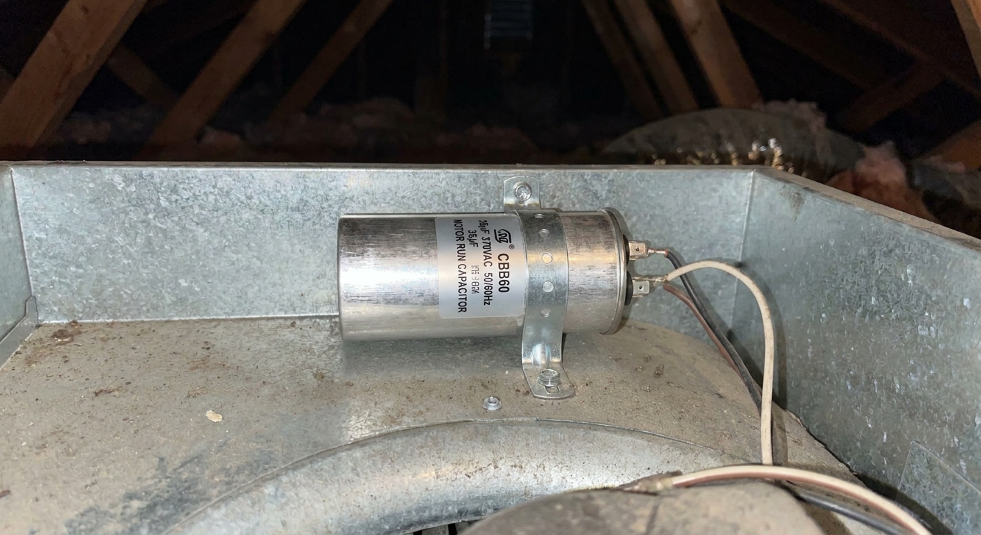 A close-up real photo of a cylindrical motor capacitor mounted on a metal bracket inside an attic fan housing