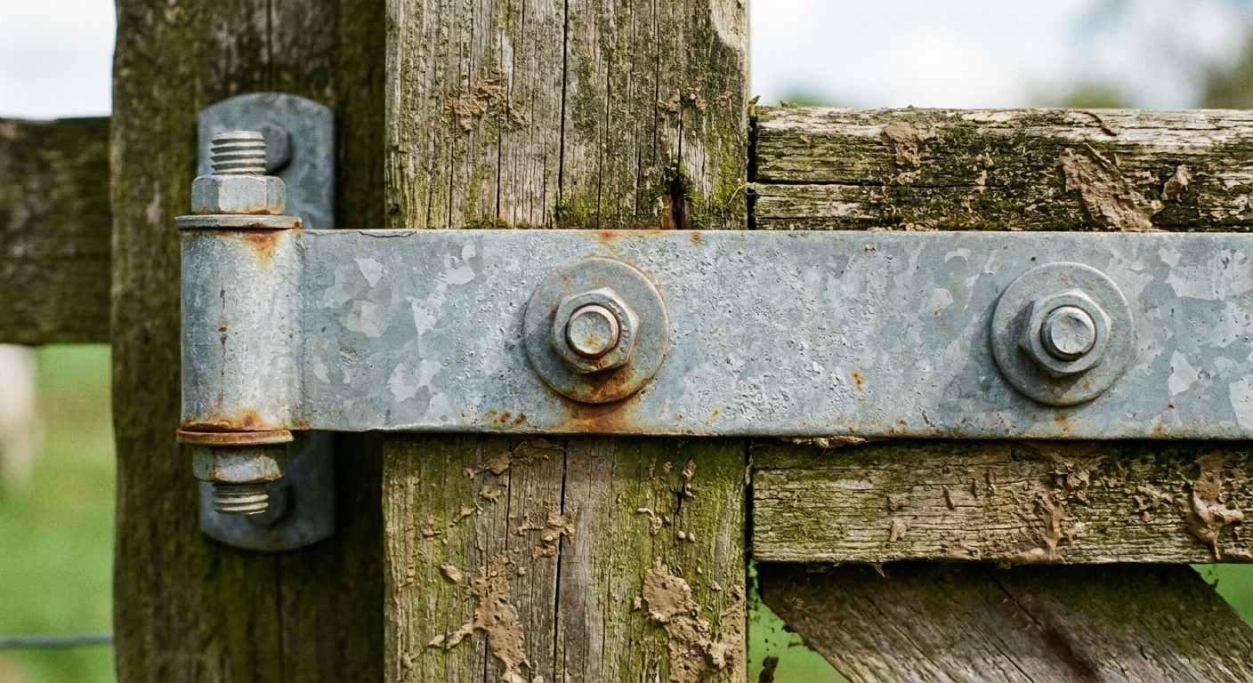 A close-up real photo of a galvanized steel strap hinge bolted through a wooden fence gate frame with washers and nuts visible