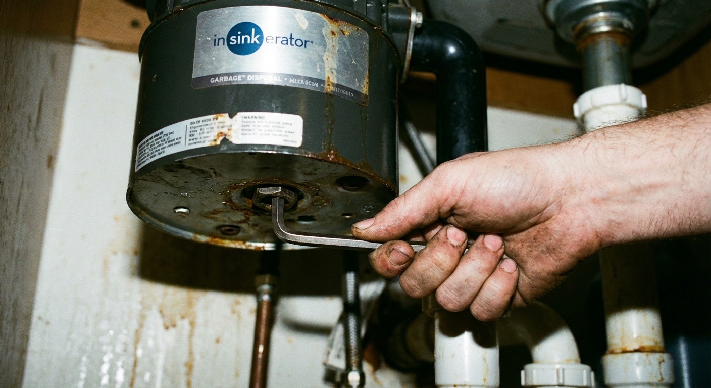 A close-up real photo of a hand turning an Allen wrench on the bottom hex socket of a mounted garbage disposal under a kitchen sink