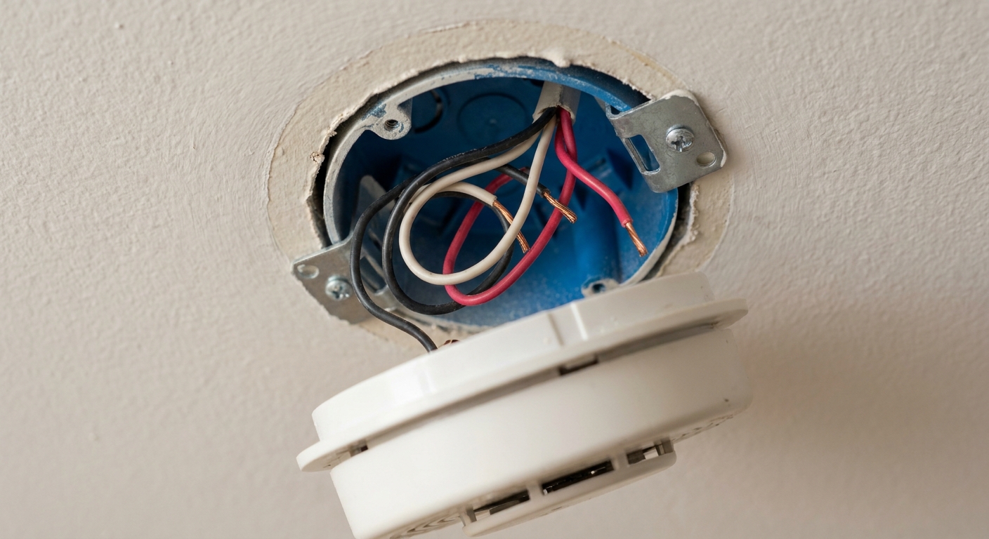 A close-up real photo of a hardwired smoke detector hanging from the ceiling with the mounting bracket visible and house wires tucked into an electrical box
