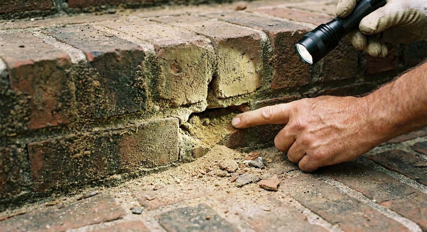 A close-up real photo of a homeowner inspecting eroded mortar joints on outdoor brick steps with a flashlight, showing sandy missing mortar in the joints