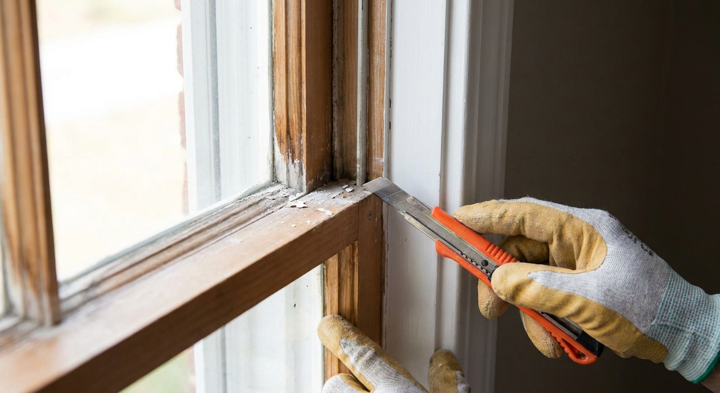 A close-up real photo of a homeowner using a sharp utility knife to score the paint line where a double-hung window sash meets the interior trim, natural indoor lighting