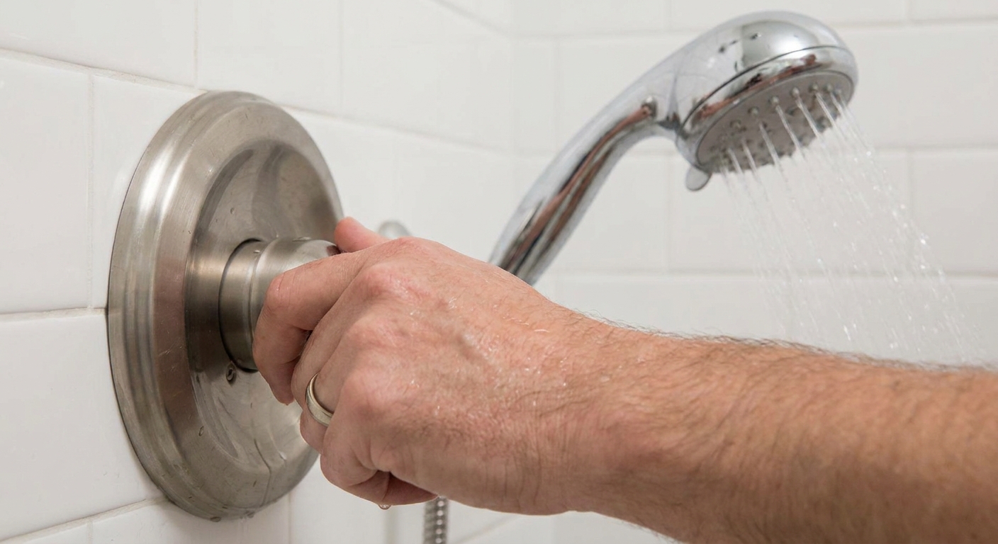 A close-up real photo of a homeowner's hand turning a single-handle shower control while water runs from the shower head in a standard white-tile bathroom