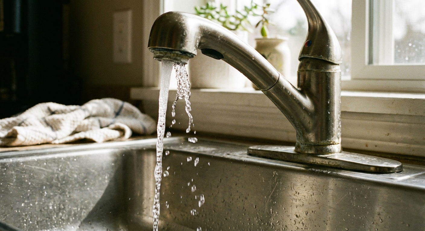 A close-up real photo of a kitchen faucet running a weak, sputtering stream of water into a stainless steel sink, natural indoor lighting