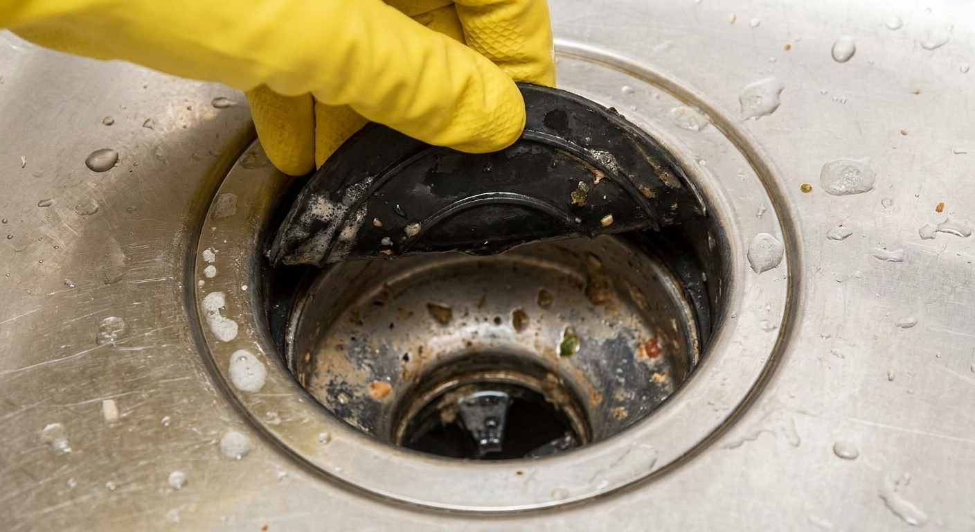 A close-up real photo of a kitchen sink garbage disposal opening with the black rubber splash guard being lifted by a gloved hand for cleaning