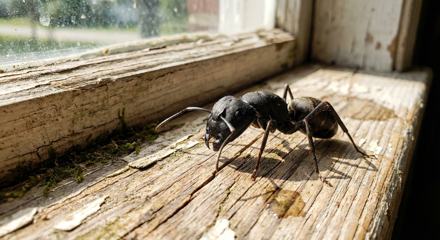 A close-up real photo of a large black carpenter ant on a wood windowsill