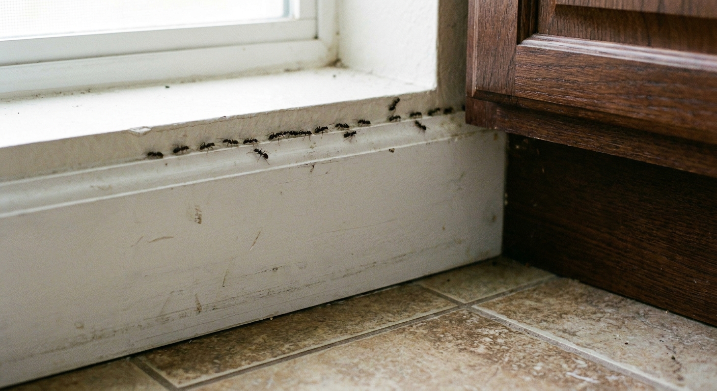 A close-up real photo of a line of small ants walking along a white bathroom baseboard beside a vanity cabinet, with tile floor visible
