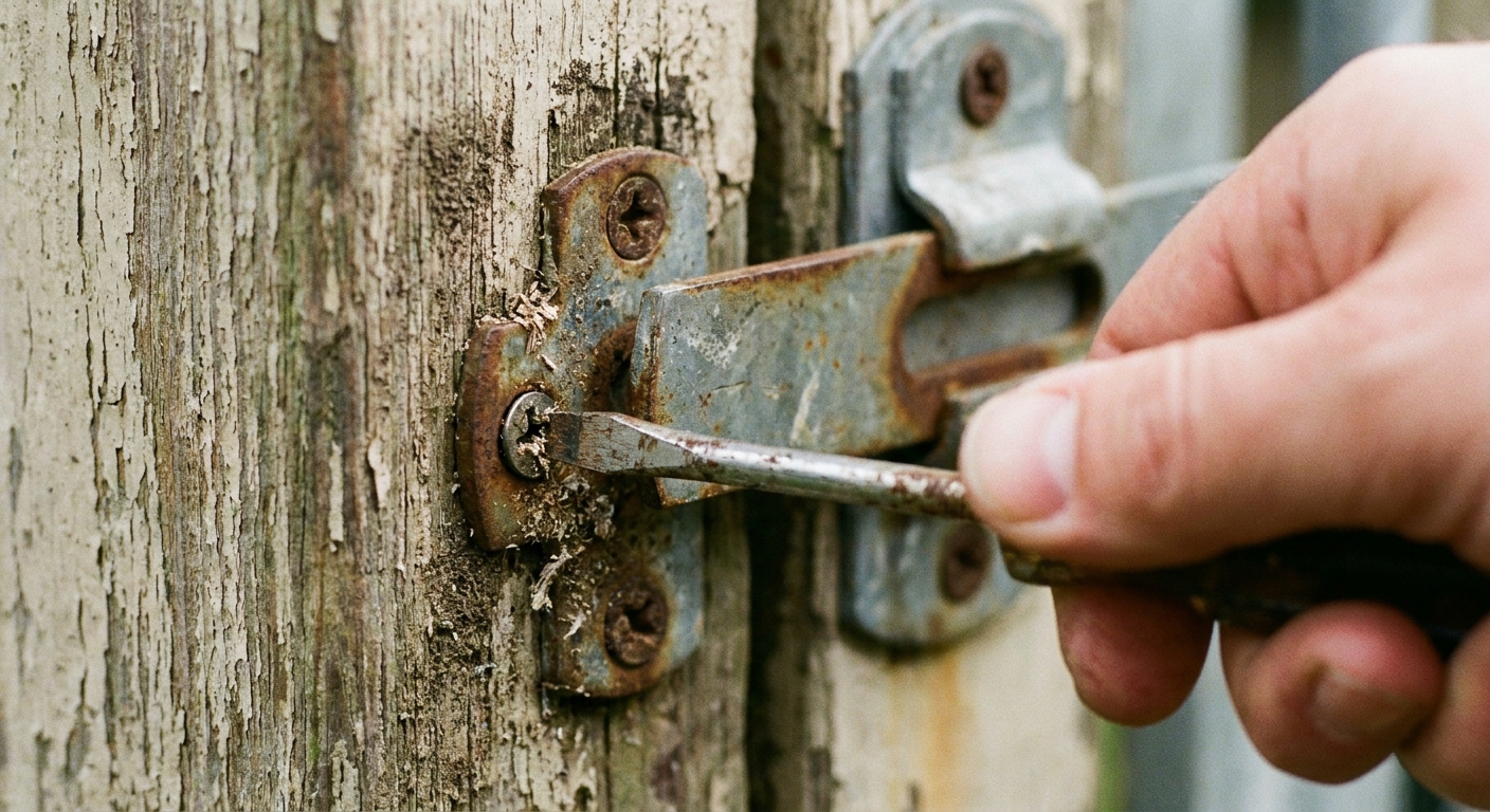 A close-up real photo of a metal fence gate latch and striker plate on a wooden post with a screwdriver adjusting the striker screws