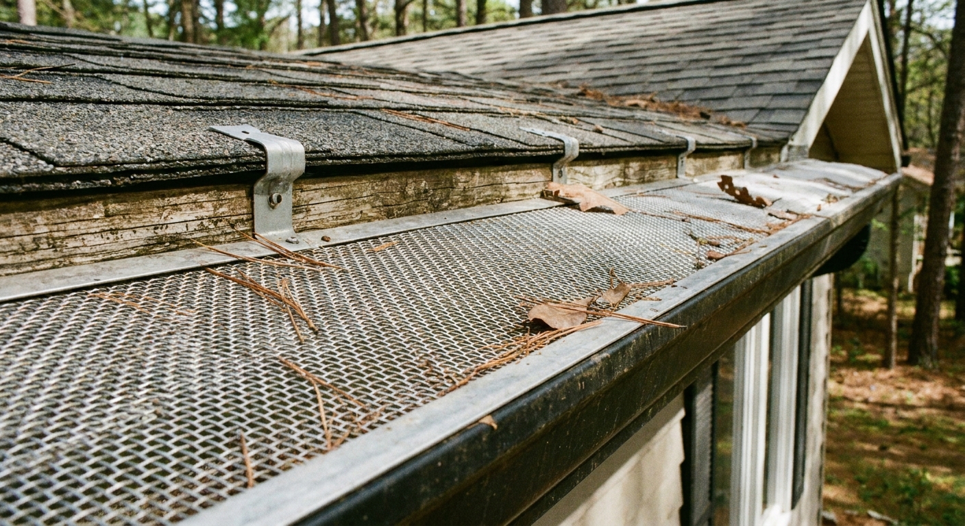 A close-up real photo of a metal screen-style gutter guard installed along a roof edge
