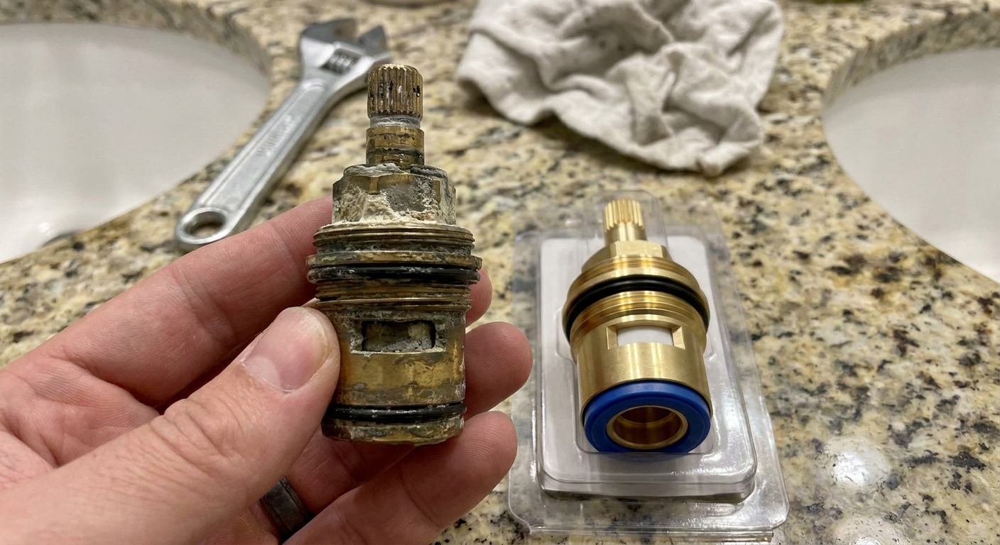 A close-up real photo of a person holding a used shower valve cartridge next to a new replacement cartridge on a bathroom countertop