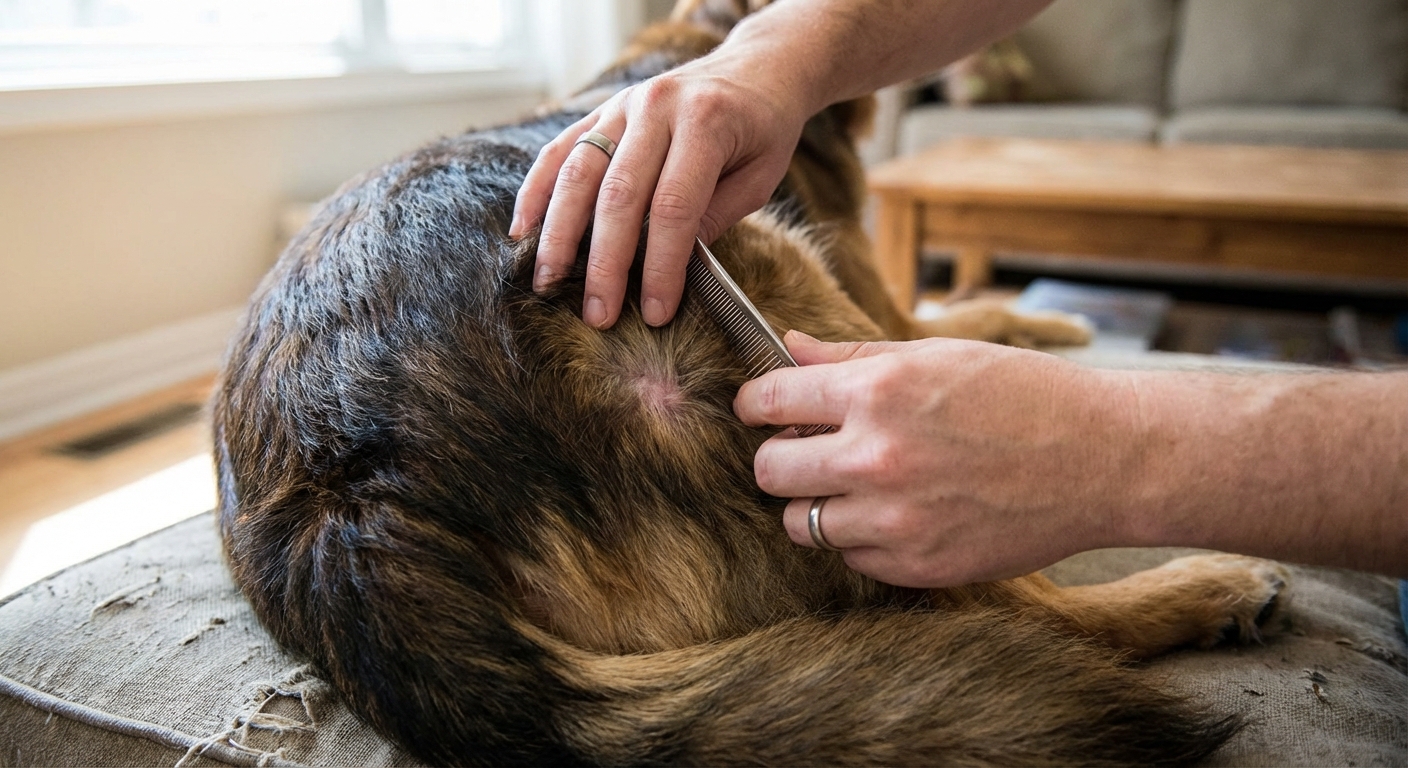 A close-up real photo of a person parting a dog’s fur on the back near the tail while checking the skin for fleas, natural indoor lighting, shallow depth of field