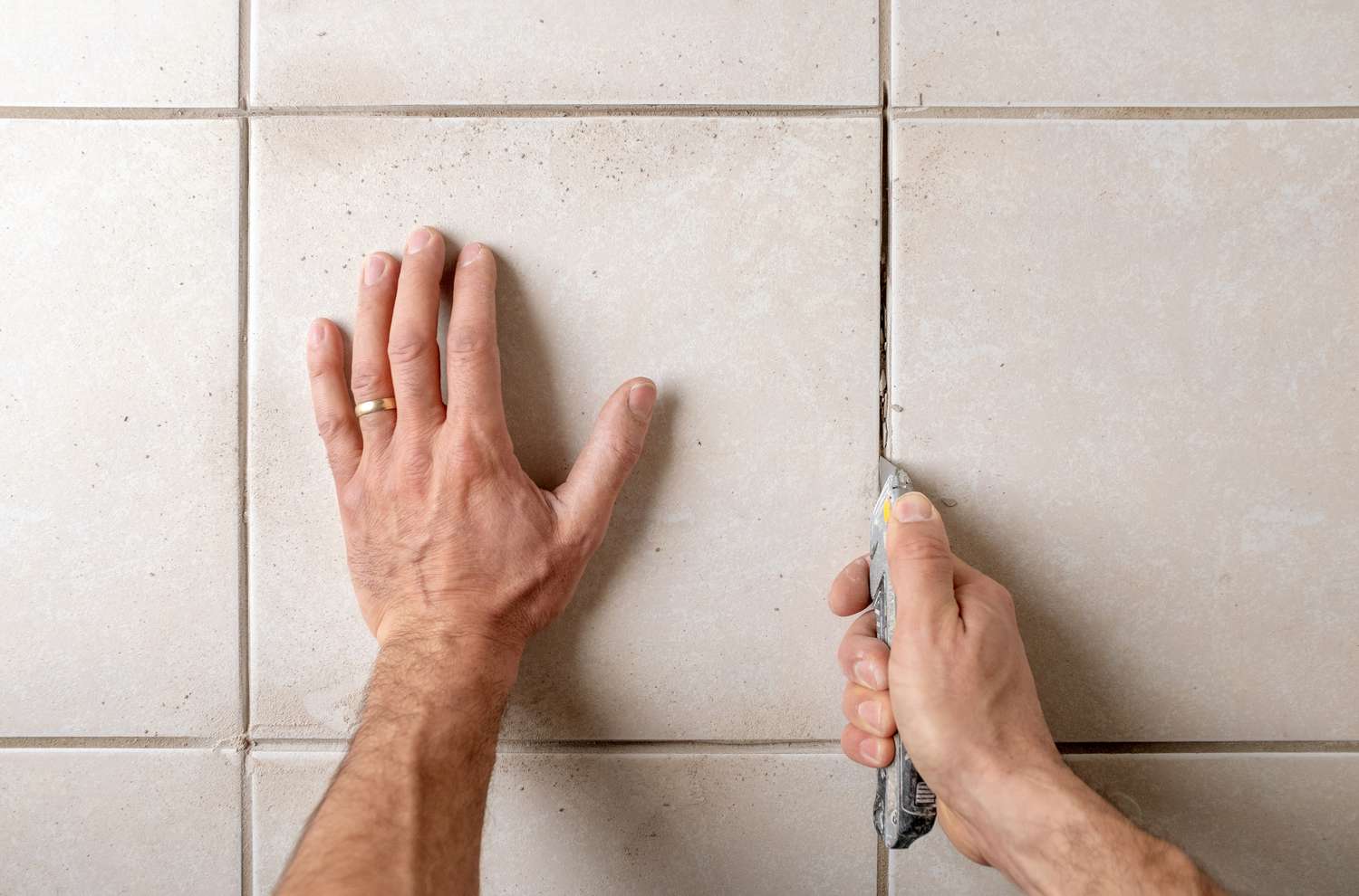 A close-up real photo of a shower wall corner where old grout is crumbling, with a person using a manual grout saw to remove loose grout between ceramic tiles