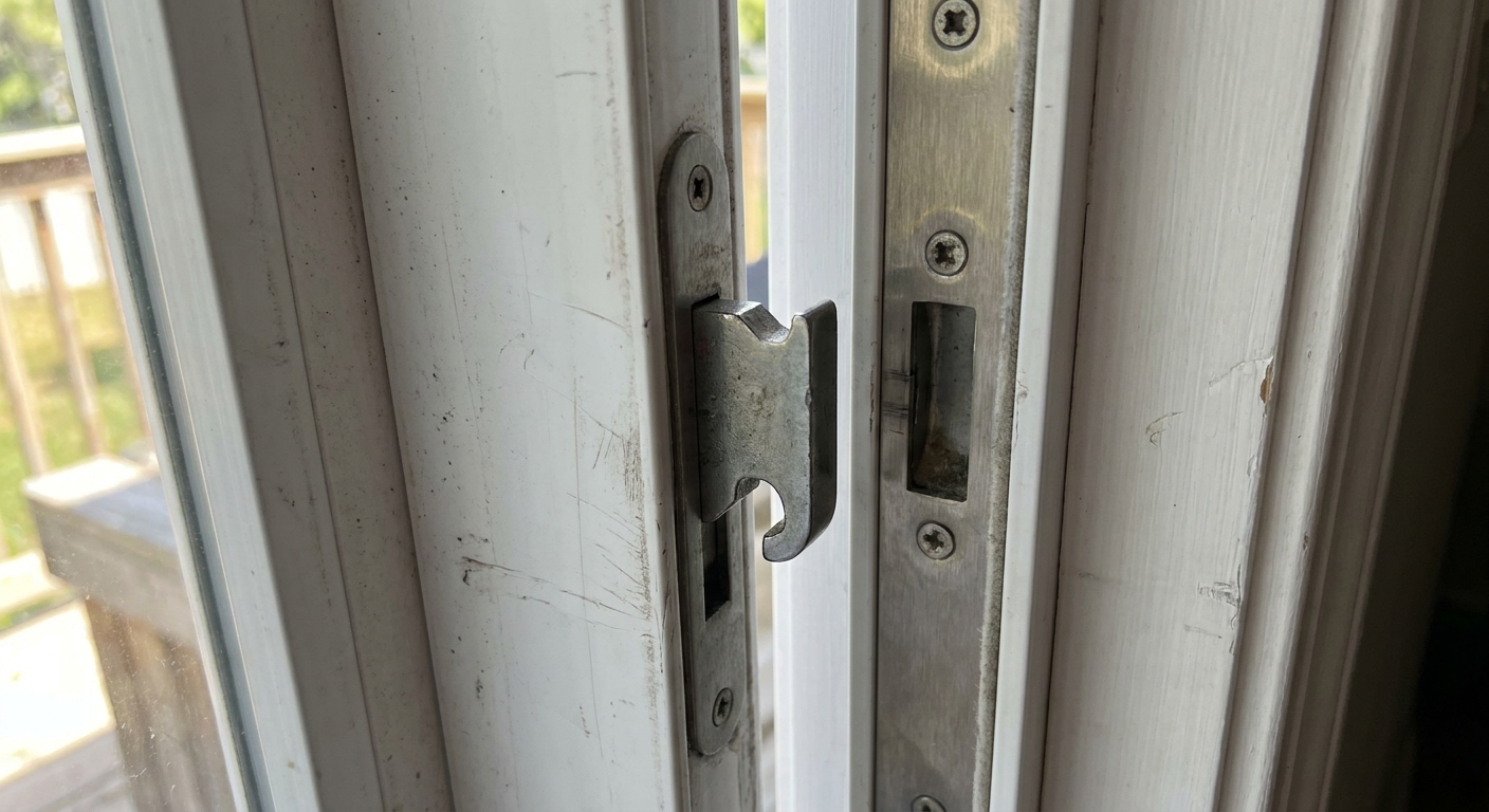 A close-up real photo of a sliding patio door edge showing a mortise hook lock partially extended toward the keeper on the jamb, with the door slightly ajar