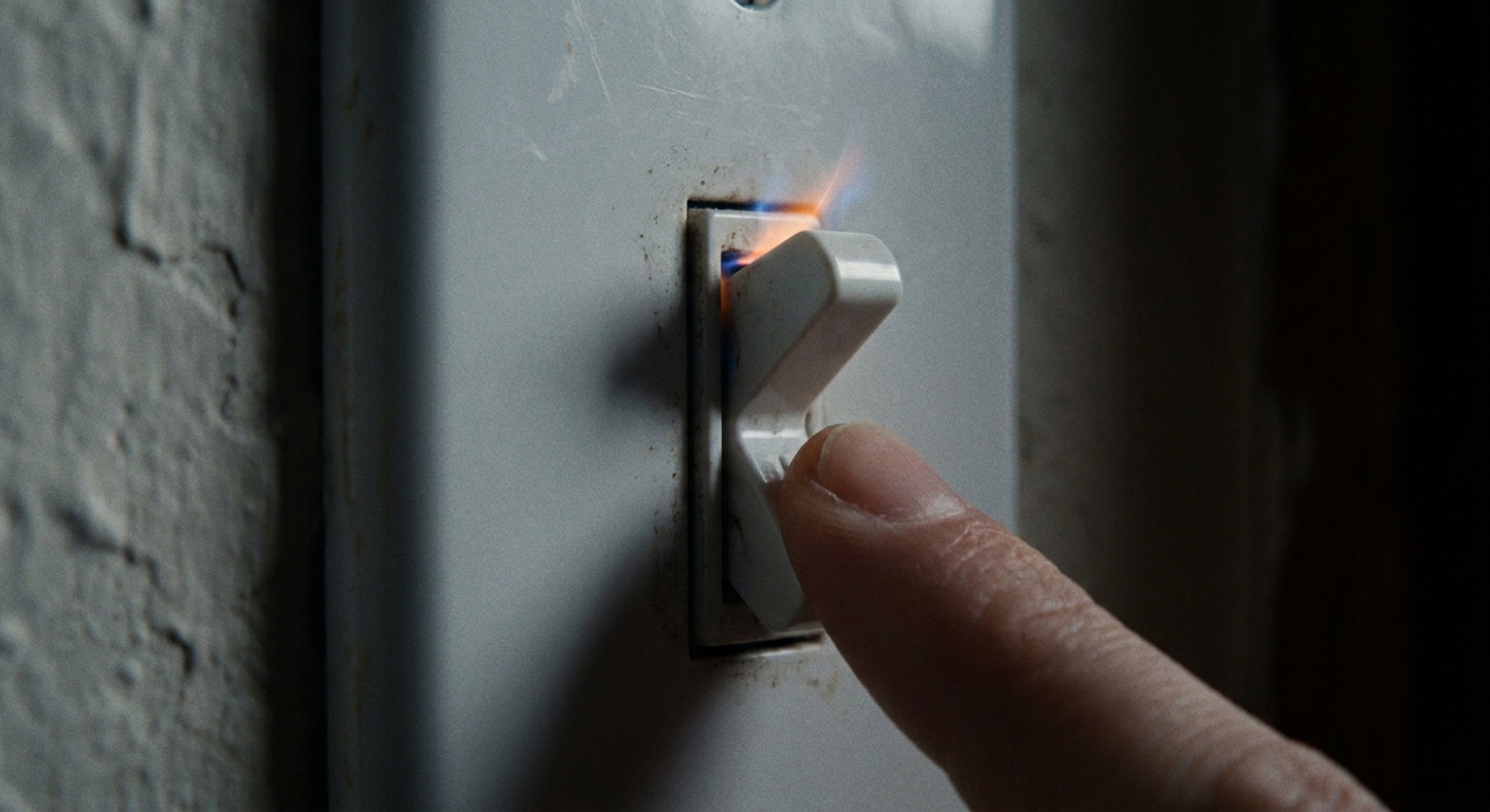 A close-up real photo of a standard white wall light switch plate with the switch being flipped on, with a faint visible spark at the switch mechanism edge in a dim room
