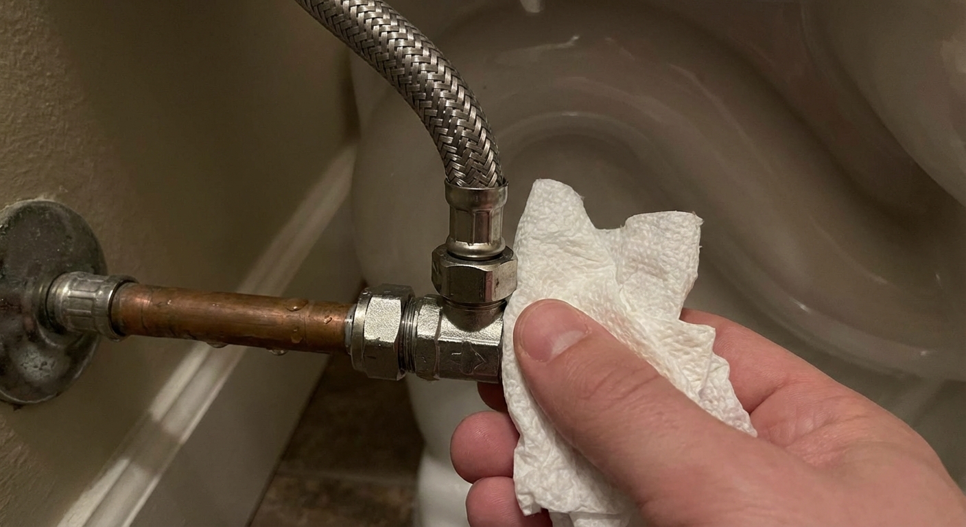 A close-up real photo of a toilet shutoff valve and supply line connection beside the toilet, with a hand holding a paper towel near the compression nut, indoor bathroom lighting, photorealistic