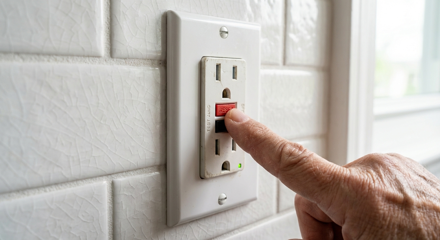 A close-up real photo of a white GFCI outlet on a kitchen backsplash with a finger pressing the RESET button, natural indoor light