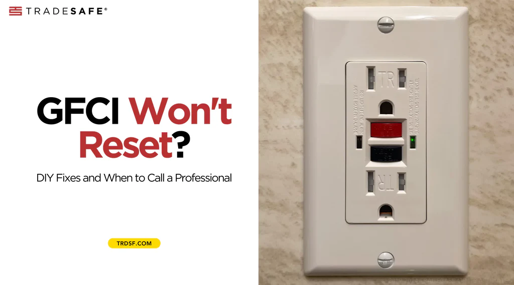 A close-up real photo of a white GFCI outlet on a kitchen backsplash with the TEST and RESET buttons visible, natural indoor lighting