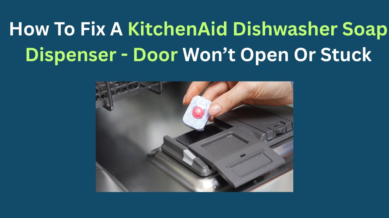 A close-up real photo of an open dishwasher door showing the detergent dispenser cup and spring-loaded detergent door on the inside of the door