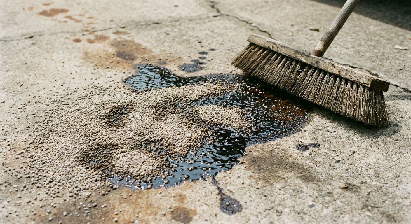 A close-up real photo of clay kitty litter spread over a fresh oil spill on a concrete driveway with a broom nearby