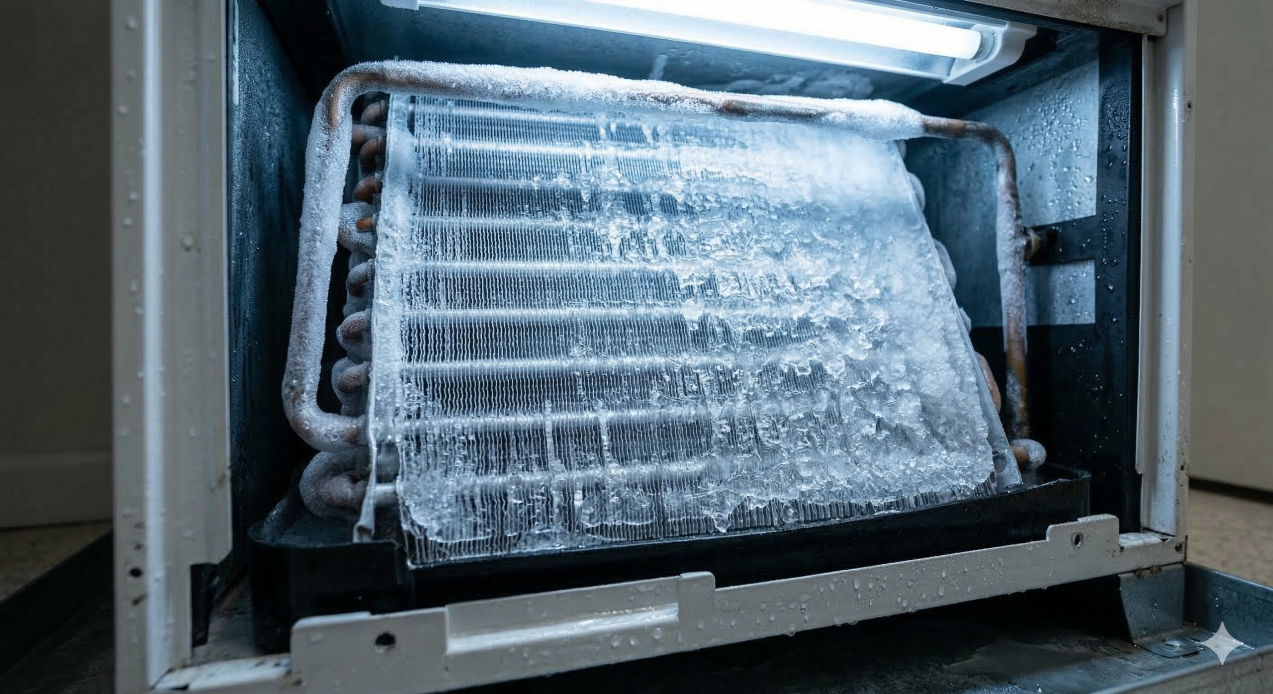 A close-up real photo of frost and ice buildup on the evaporator coil behind the front grille of a window air conditioner