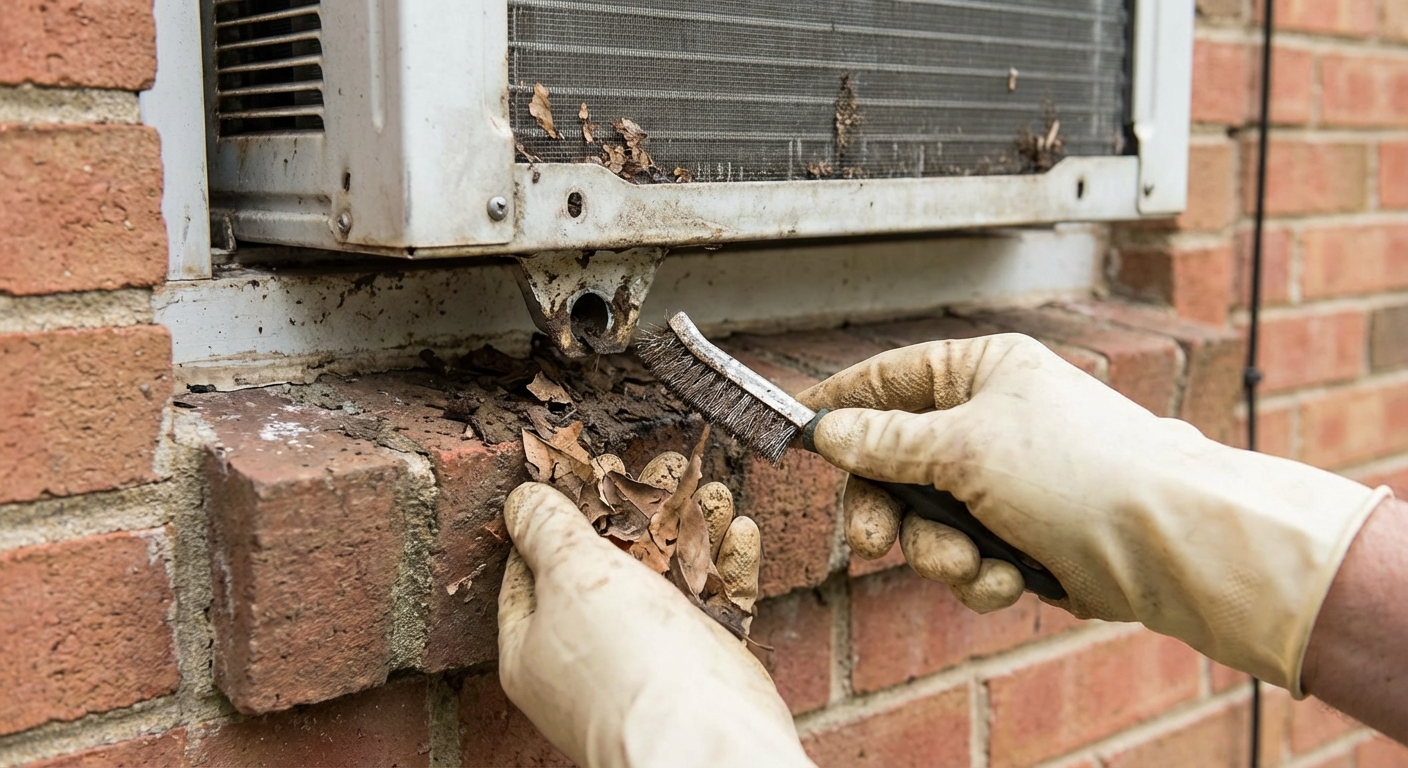 A close-up real photo of hands clearing debris from a window air conditioner drain outlet on the outdoor side near the bottom edge