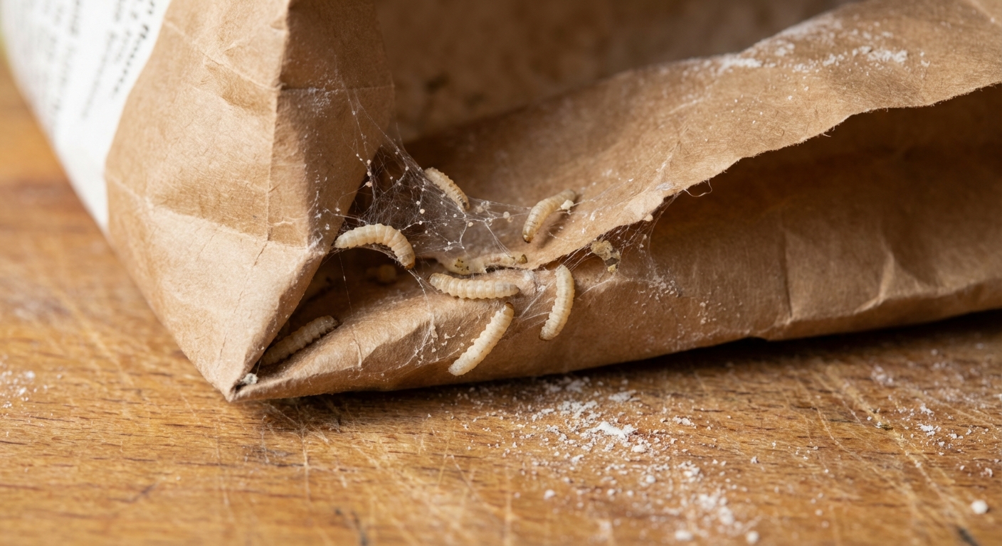 A close-up real photo of pantry moth larvae and fine webbing inside the folded corner seam of a paper bag of flour on a kitchen counter, sharp focus