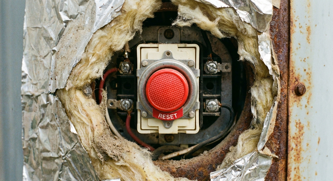 A close-up real photo of the red reset button on an electric water heater upper thermostat assembly with insulation pulled back