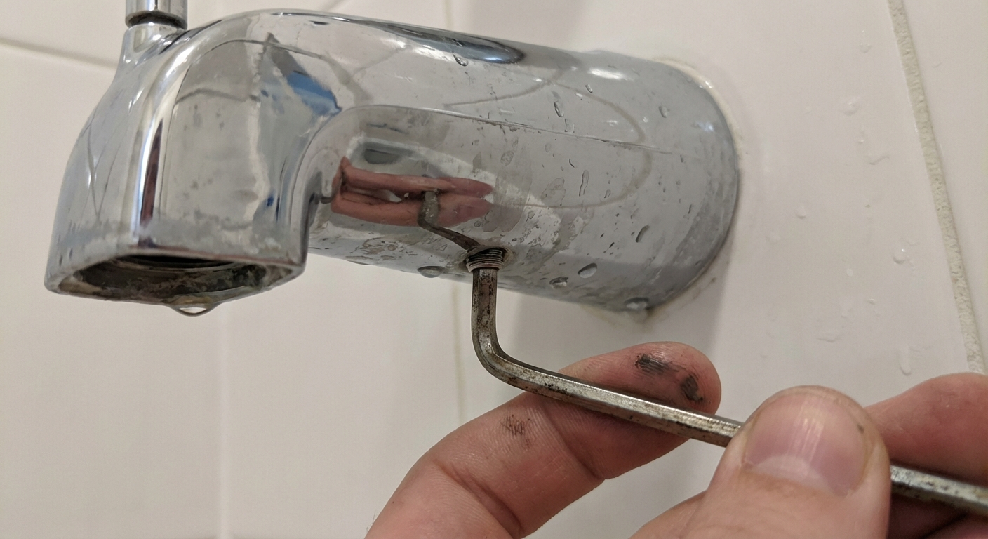 A close-up real photo of the underside of a chrome tub spout with a small hex set screw being loosened with an Allen key
