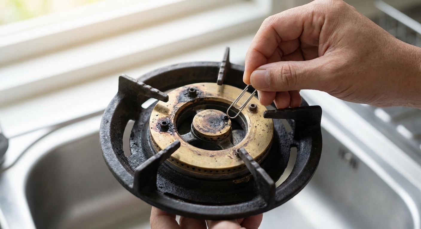 A close-up real photograph of a gas stove burner head held in a hand, showing the ring of small burner ports with a paper clip being used to clear one port, neutral kitchen lighting