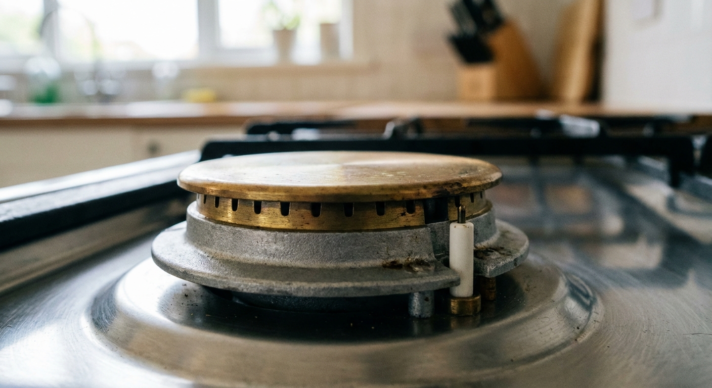 A close-up real photograph of a gas stove burner with the grate removed, showing the burner head, burner cap, and a white ceramic spark igniter tip next to the burner, in a normal kitchen with natural light