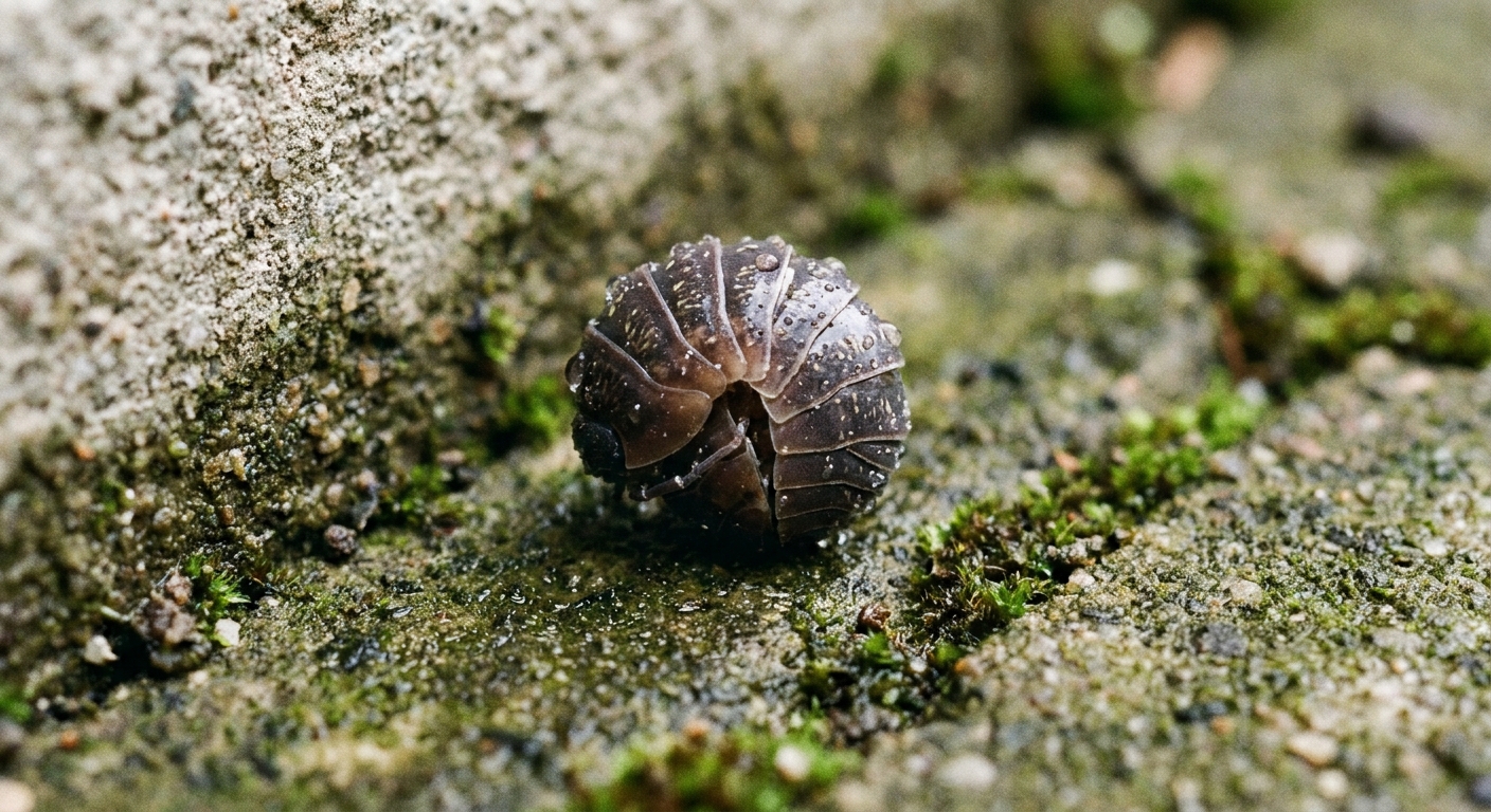A close-up real photograph of a pill bug curled into a ball on damp concrete near a basement wall, with soft natural light
