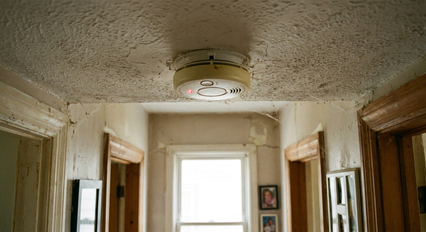 A close-up real photograph of a white smoke alarm mounted on a textured ceiling in a hallway of a lived-in home, natural indoor lighting